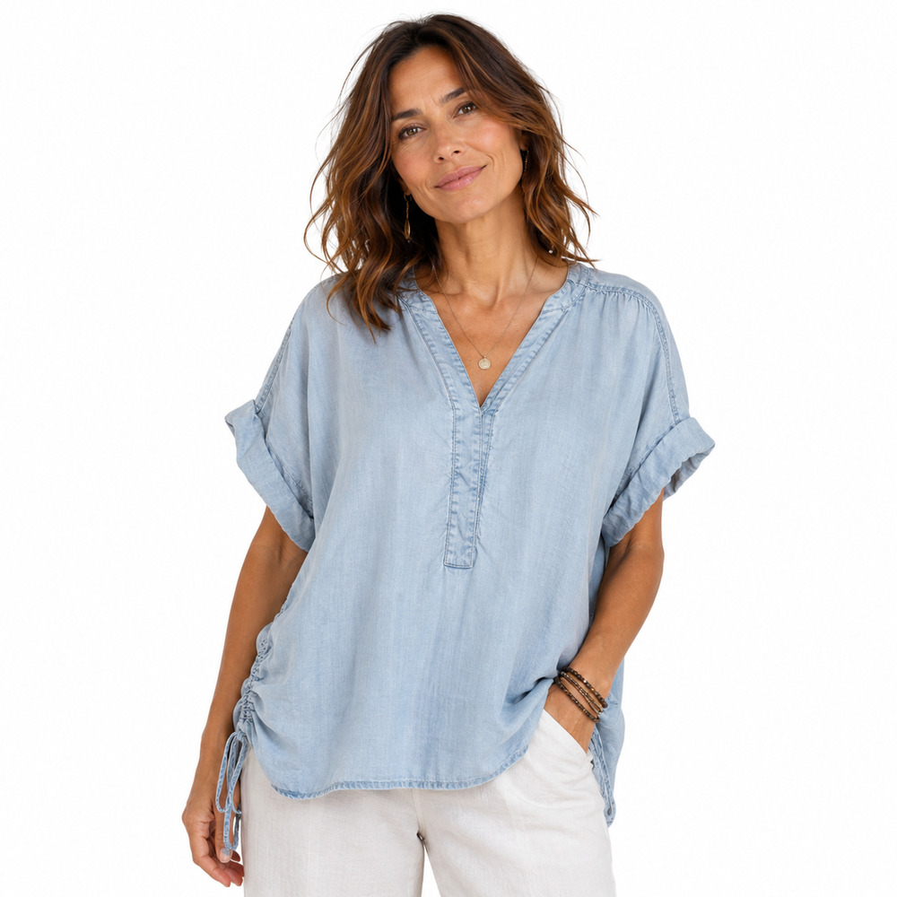 Chicos Chambray V-Neck Cuffed Short Dolman Sleeve Side Drawstring Top Shirt 0/ S